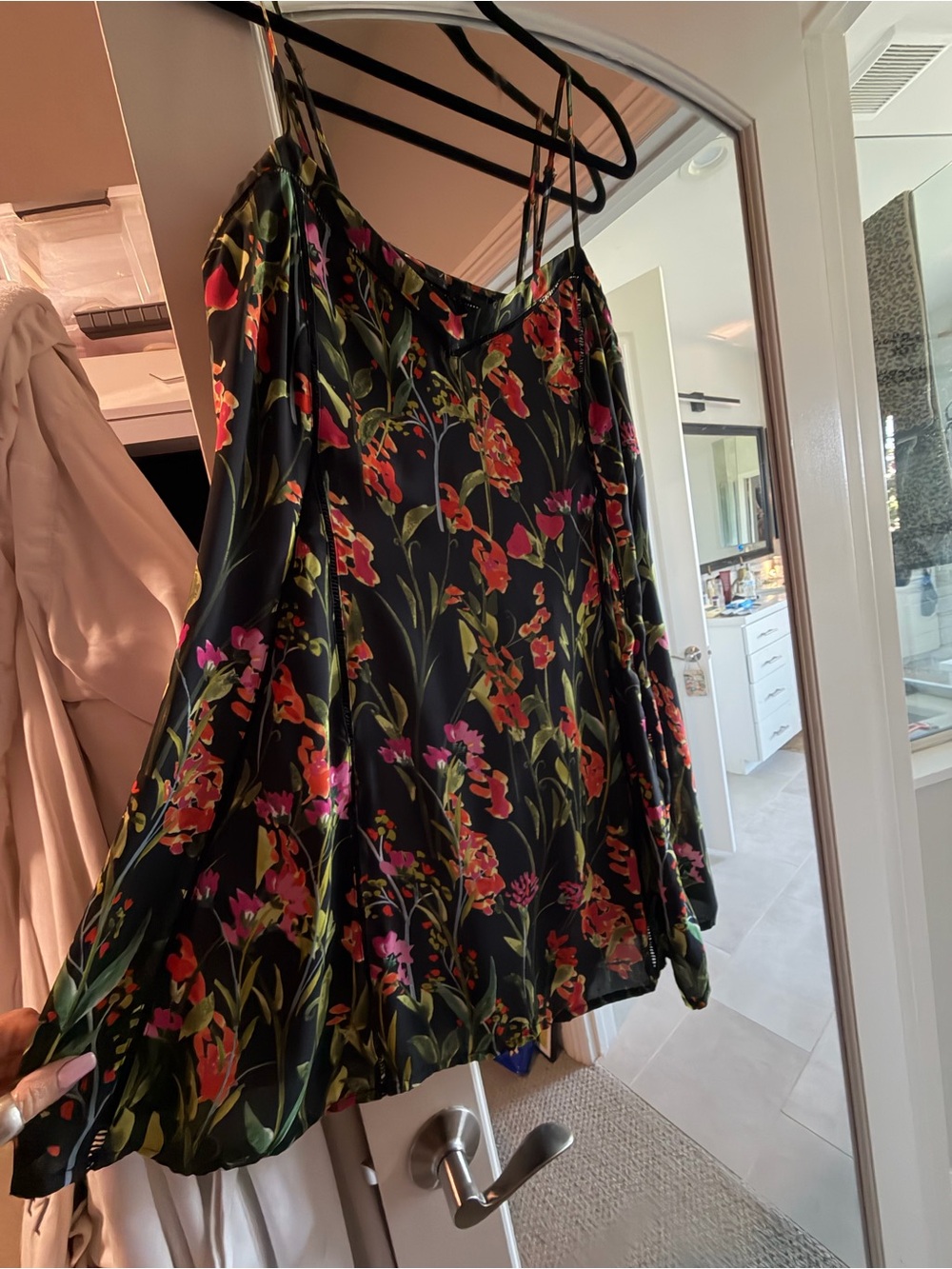 Olivaceous Black Floral Satin Slip Dress with Red & Pink Blooms